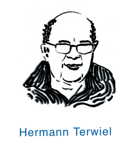 Schwarz-weiße Illustration eines älteren Mannes mit Brille und Glatze.