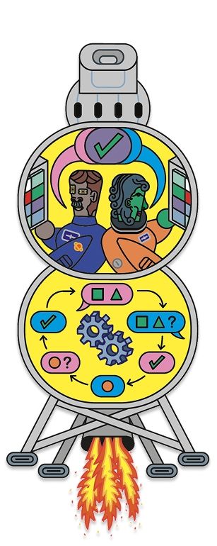 Zwei illustrierte Personen sitzen in einer Rakete. Unter ihnen befindet sich eine schematische Darstellung zur closed loop communication.