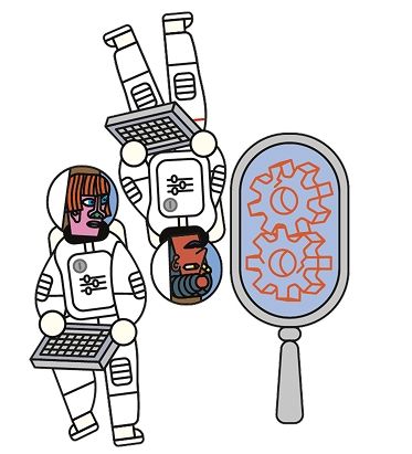 Zwei Astronaut*innen schweben mit einem Board-Computer in ihren Händen.