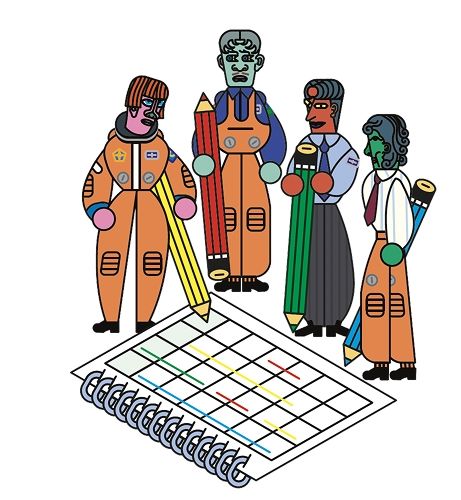 Vier illustrierte Figuren stehen in Raumanzügen vor einem großen Kalender.
