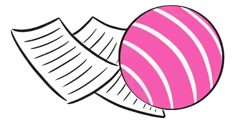 Ein Ball mit pink-weißen Streifen, der auf drei Blättern Papier liegt.