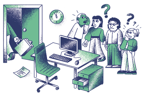 Vier grün-weiß illustrierte Personen stehen vor einem leeren Schreibtisch und wirken verunsichert. Sie tuscheln und über ihren Köpfen schweben Fragezeichen. Eine andere Person verlässt gerade mit gepackten Aktenkoffer das Büro.