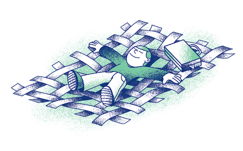 Ein illustrierter Mann liegt zufrieden und mit geschlossenen Augen auf einer Fläche von ineinander verwobenen Papierstreifen.