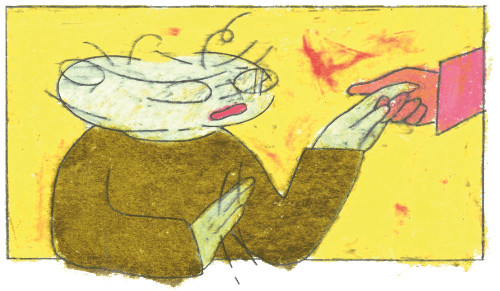 Eine Person mit einem sich drehenden Kopf bekommt eine helfende Hand zugstreckt und nimmt sie an.