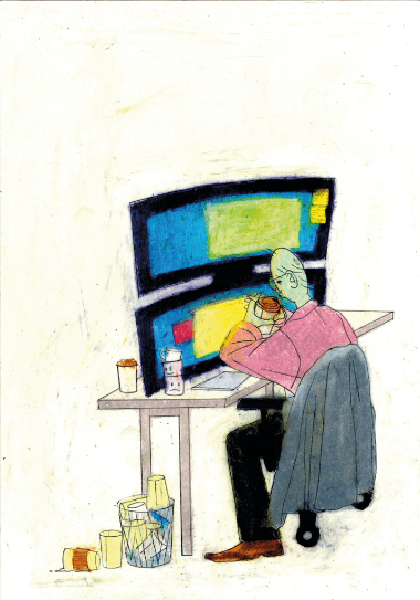 Eine Person sitzt vor einem Computerbildschirm und arbeitet, neben ihr stehen und liegen mehrere leere Becher Coffee to go.