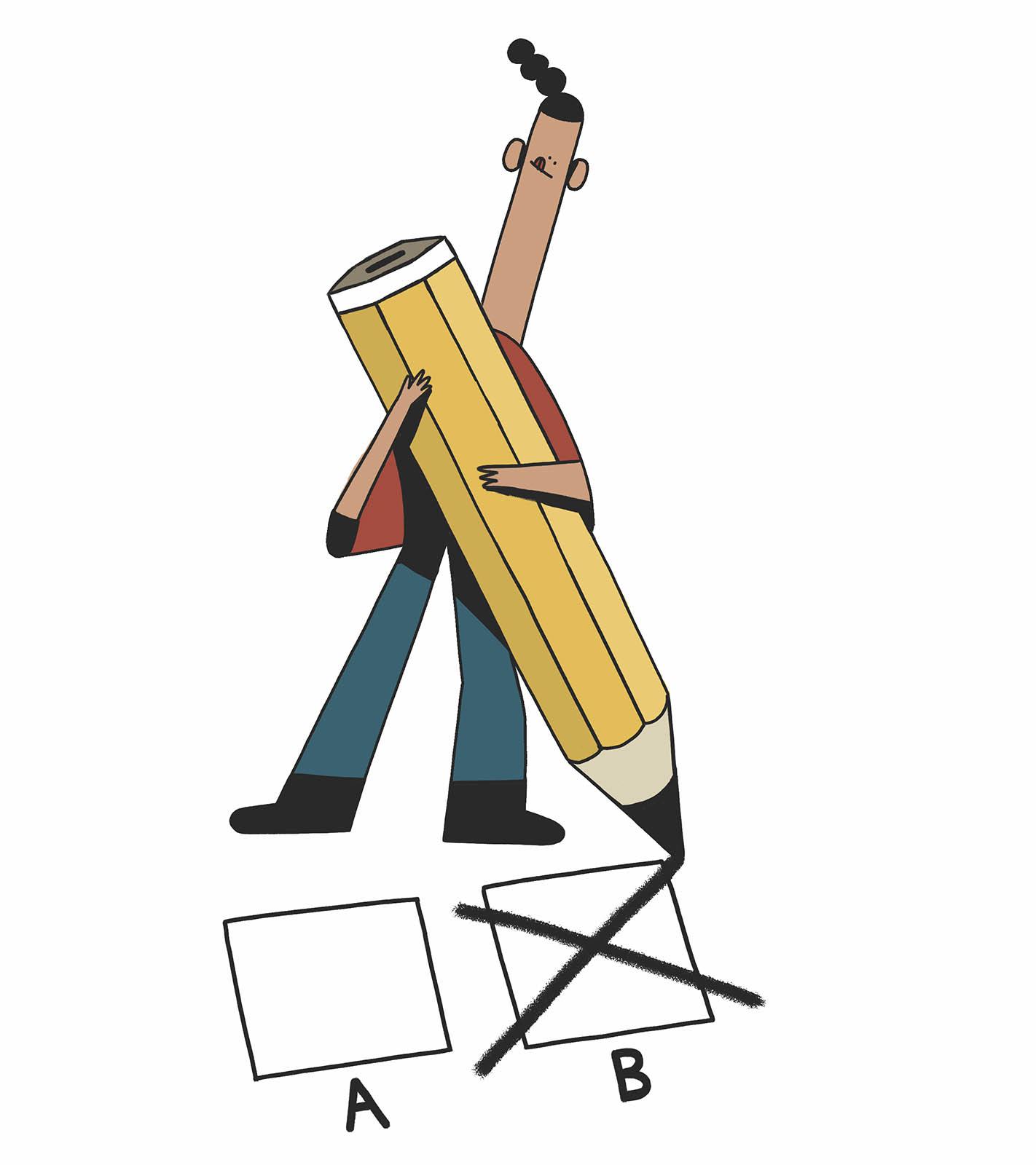Eine Figur mit einem großen Bleistift, die zwischen A und B auswählen kann und B ankreuzt