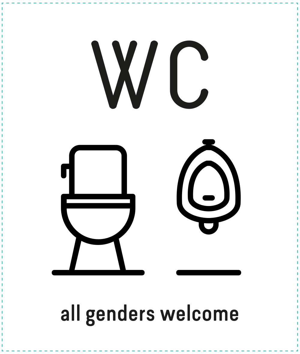 Ein Toilette-Schild, auf dem „All genders welcome“ steht
