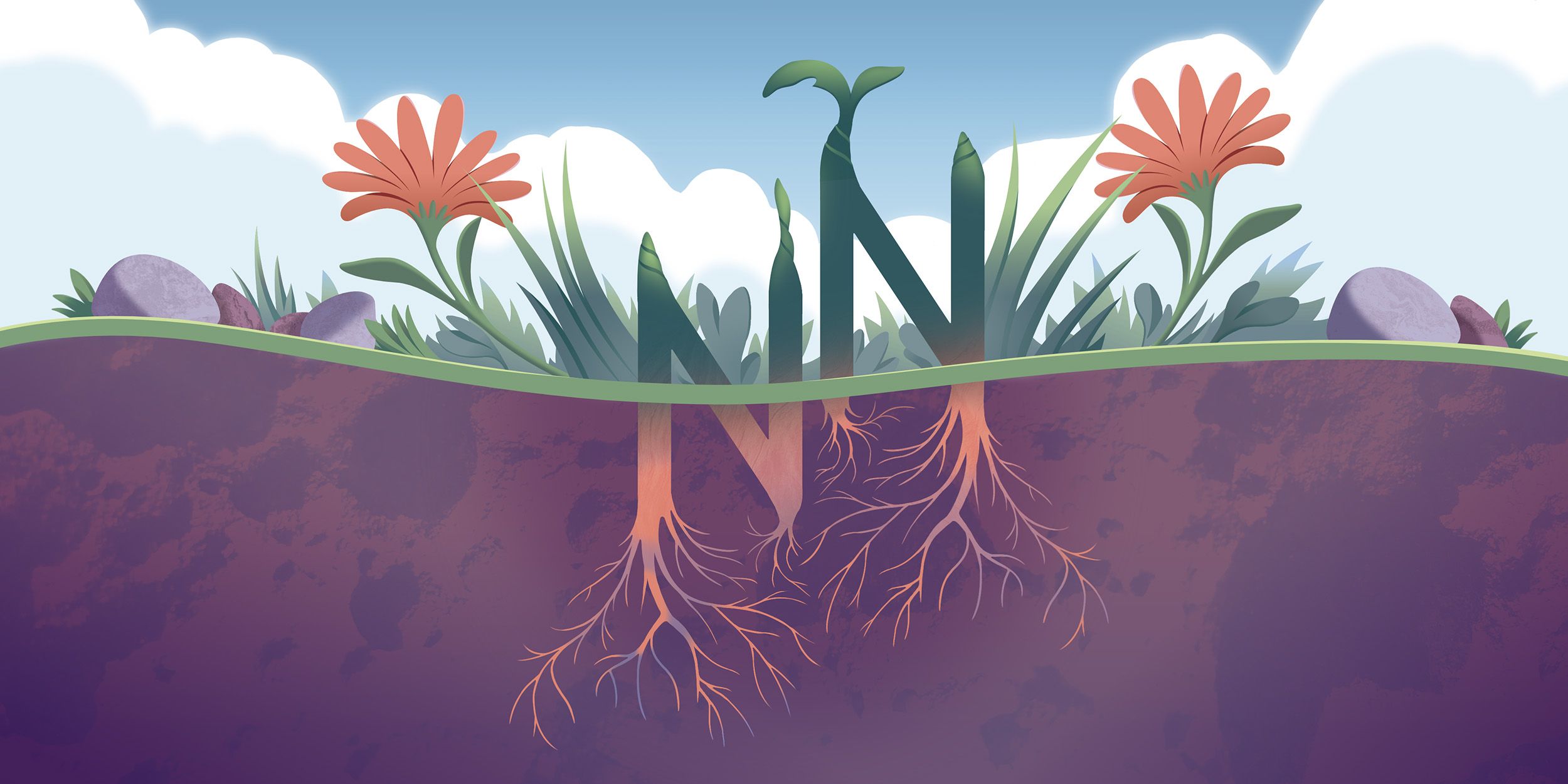 Das Neue Narrative Logo wächst aus der Erde hervor mit Blumen daneben und Wurzeln im Boden.