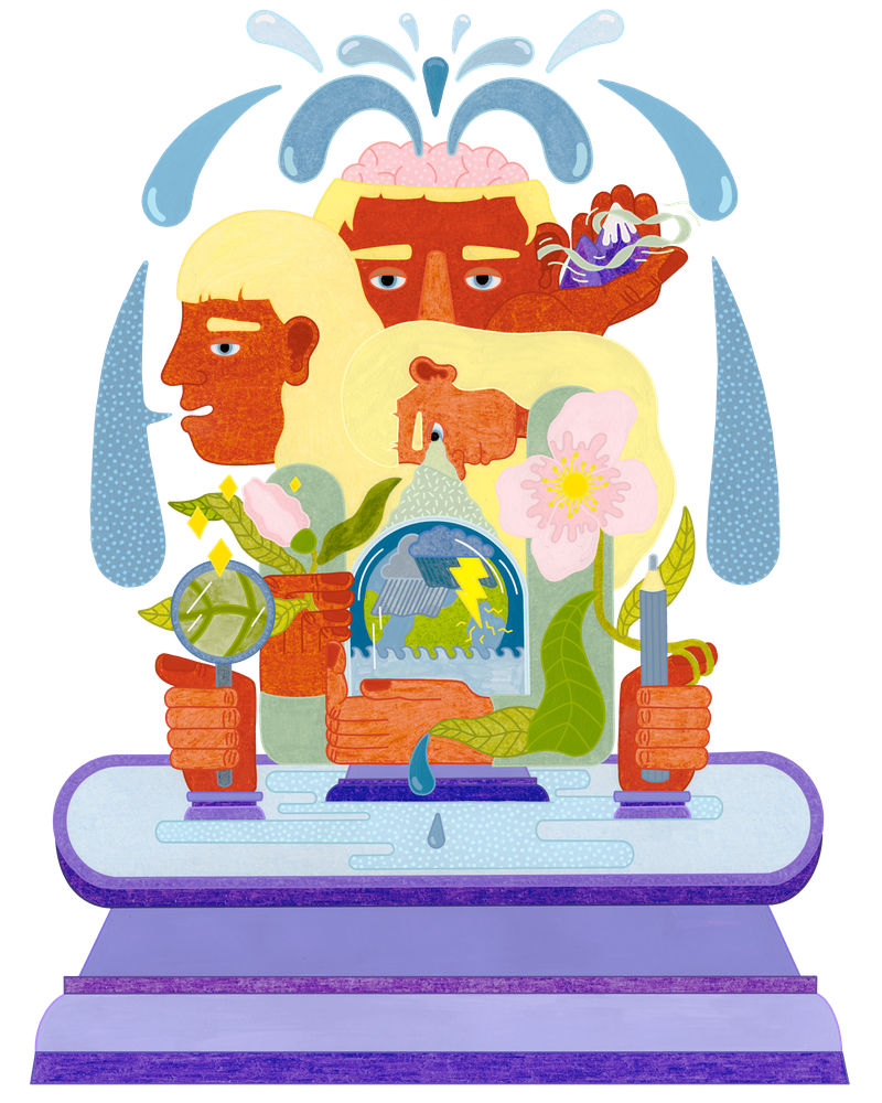 Man sieht eine kleine Tribüne aus der verschiedene Pflanzen in Töpfen hervorkommen und mehrere Köpft von Personen. Eine Person spricht, was durch eine Sprechblase angedeutet wird. Der Kopf einer Person scheint offen zu sein oben. 