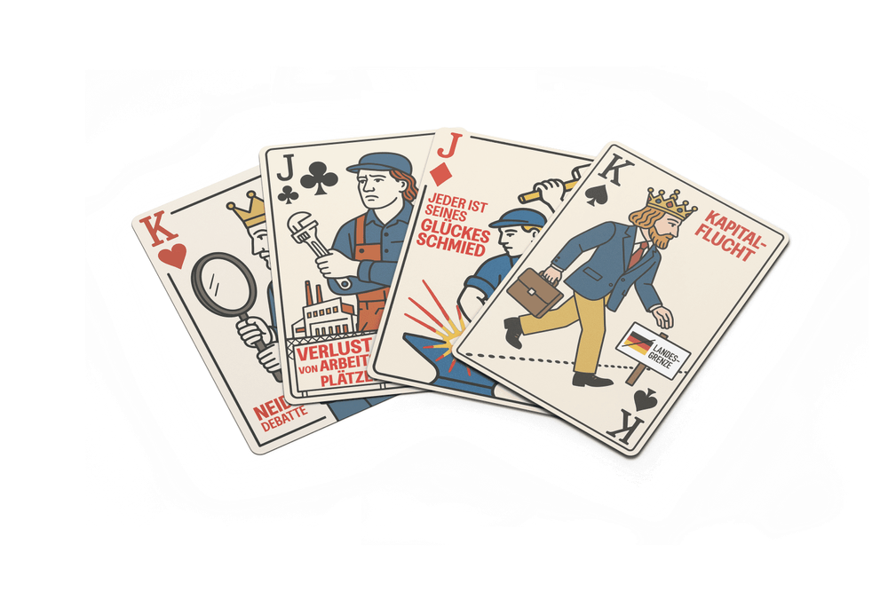 Auf dem Bild sind vier Spielkarten mit König- und Bubenmotiven zu sehen. Auf ihnen stehen jeweils die Worte „Kapitalflucht", „Jeder ist seines eigenen Glückes Schmied", „Verlust von Arbeitsplätzen" und „Neiddebatte".
