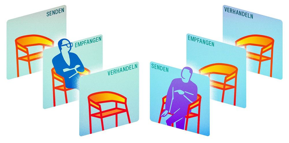 Eine Collage aus sechs türkisfarbenen Kästchen mit Stühlen. Auf zwei Stühlen sitzt jeweils eine Figur.