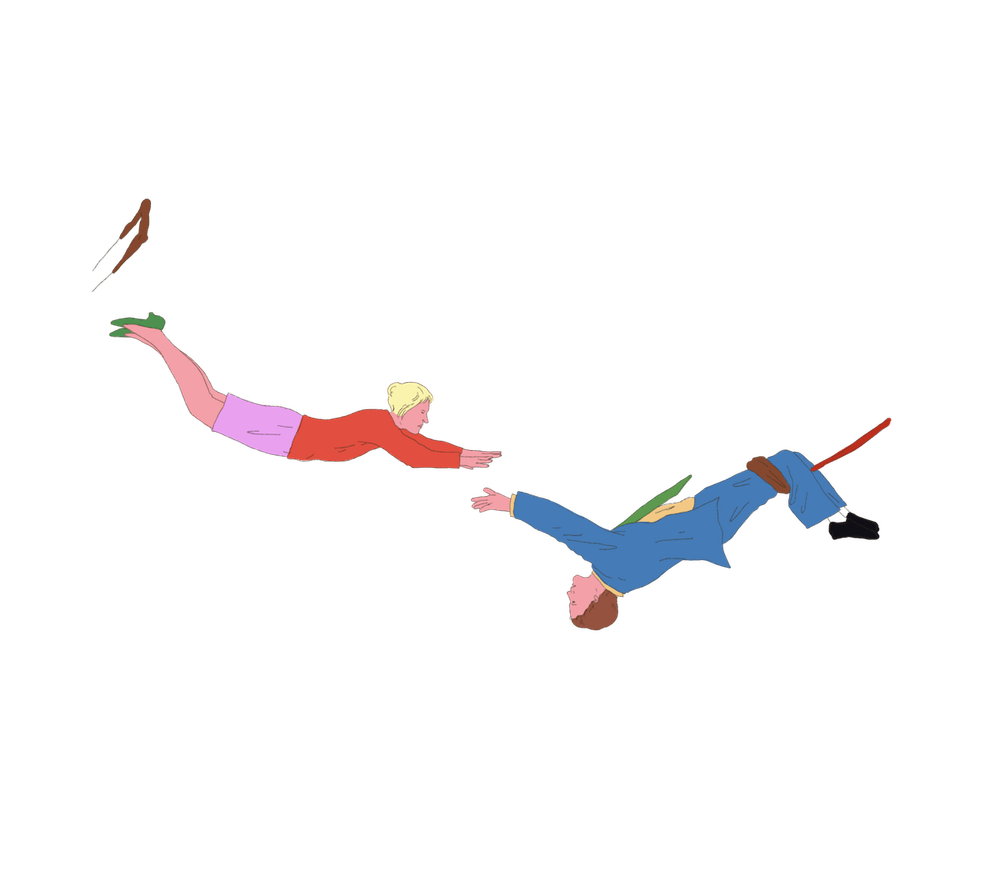 Zwei illustrierte Figuren schwingen auf einem Trapez. Die linke Person springt ab und greift nach den Händen der rechten Person.