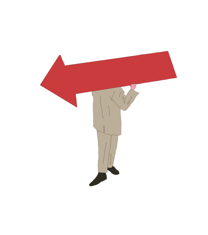 Ein gezeichneter Mensch trägt einen beigen Anzug. Über seiner Schulter trägt er einen großen roten Pfeil, der nach links zeigt. Der Kopf ist von diesem Pfeil verdeckt.