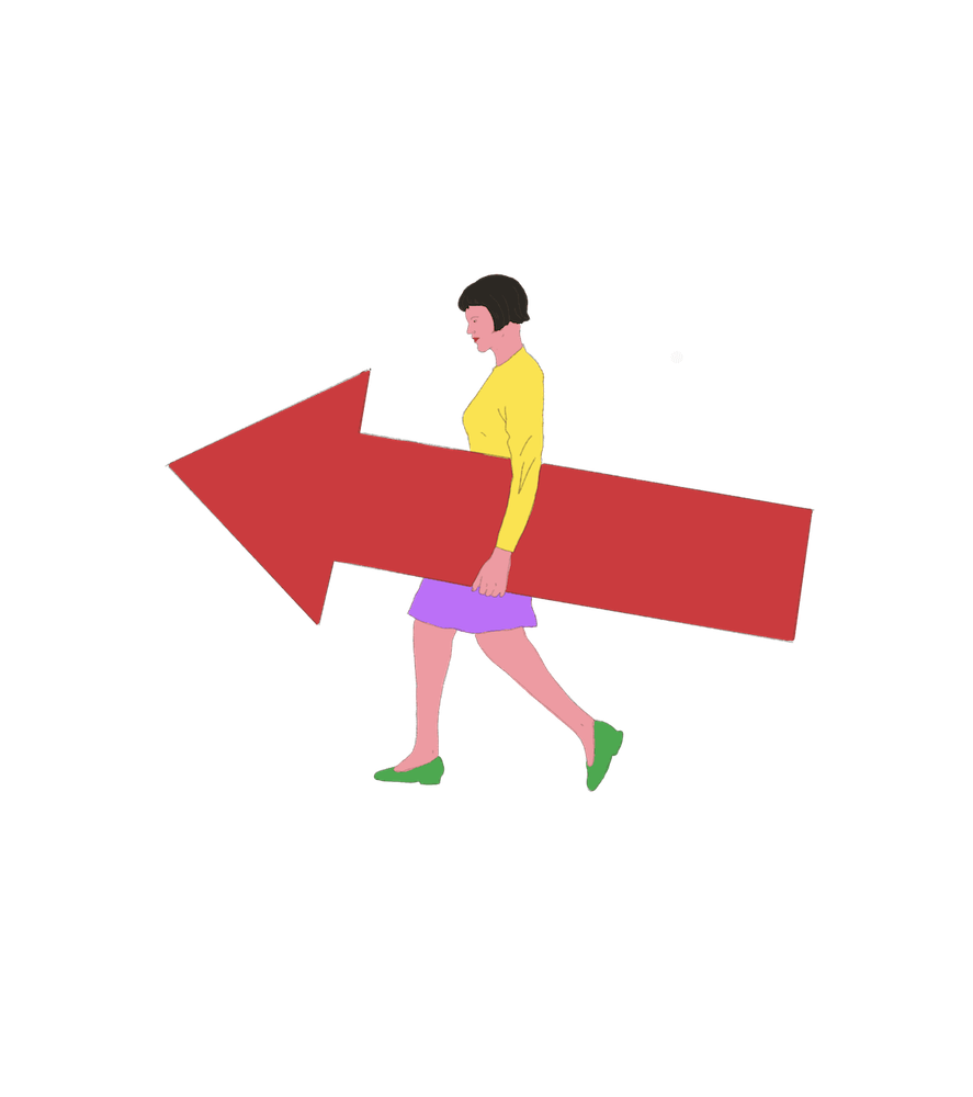 Eine gezeichnete Person hat sich unter ihren Arm einen großen roten Pfeil geklemmt. Die Person läuft nach links, in die Richtung, in die auch der Pfeil zeigt.