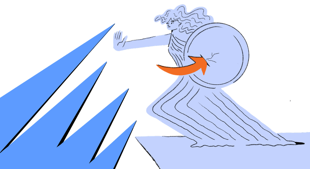 Eine der personifizierten Demokratie-Säulen stellt sich gegen die blaue Welle.