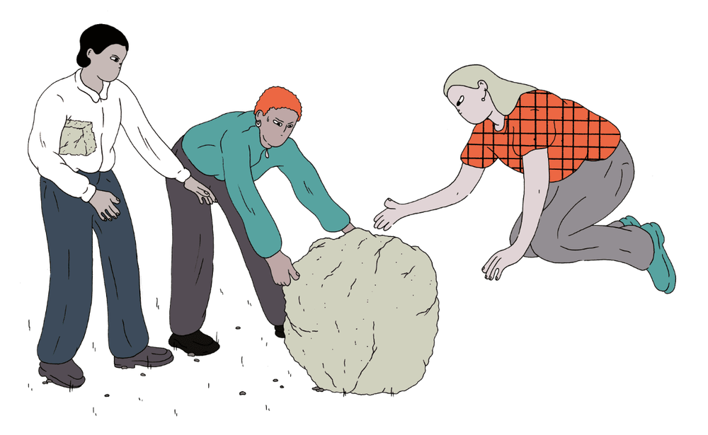 Drei Personen bringen gemeinsam in Zusammenarbeit einen Stein ins Rollen.
