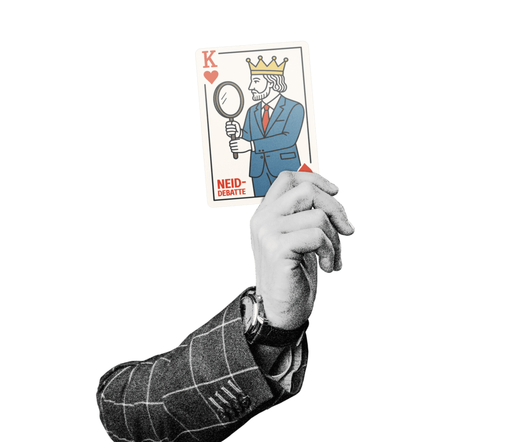 Eine Hand, die in einem karierten Sakko steckt, hält eine Spielkarte mit dem Motiv König mit einer Lupe in der Hand in die Höhe. Auf der Karte steht „Neiddebatte"