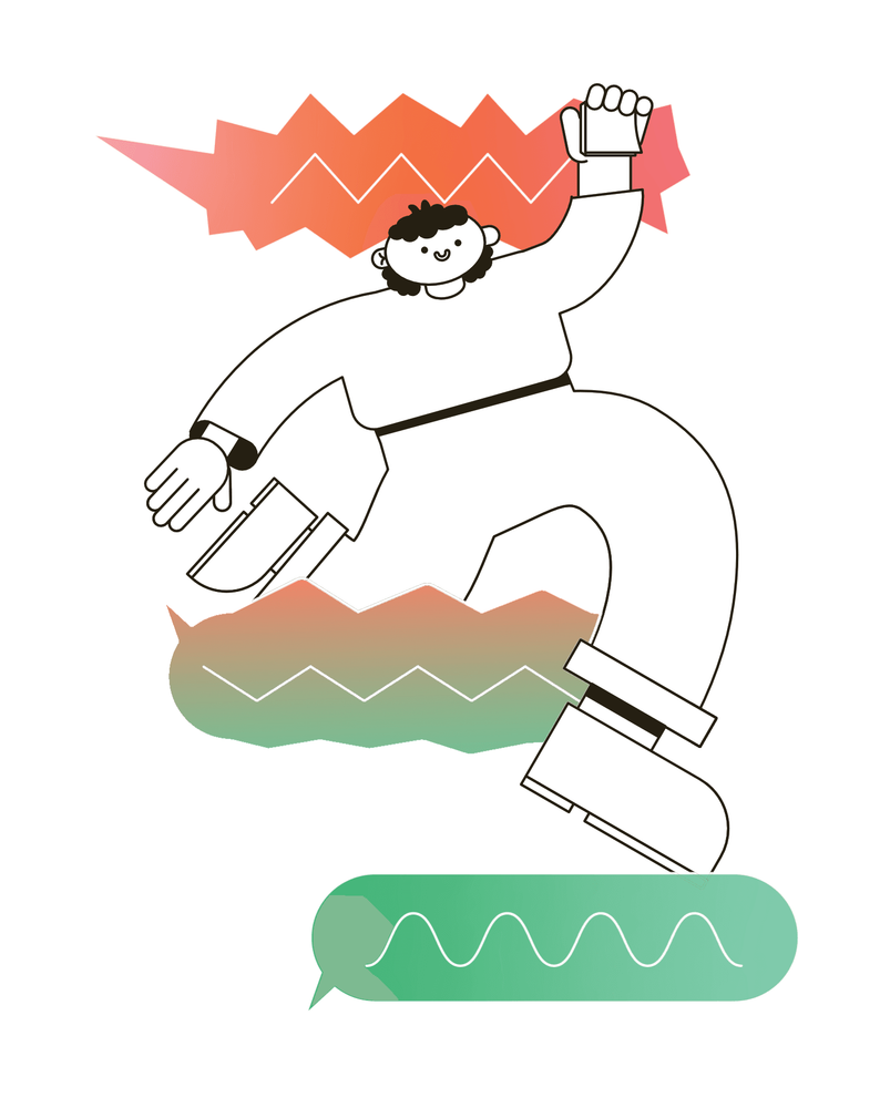 Ein Mensch springt über Wellenlinien und reckt die Arme euphorisch nach oben