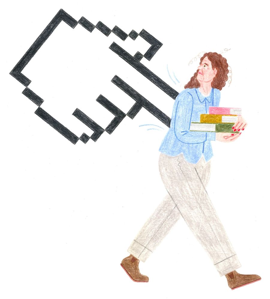 Eine riesige, imaginäre Hand pikt einer Frau in den Rücken, die einen Stapel Bücher trägt. Ihr Gesichtsausdruck ist ängstlich.