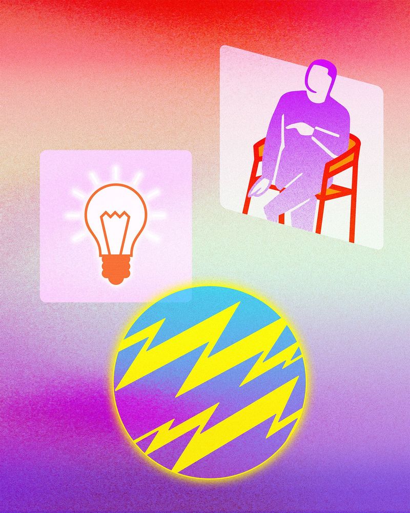 Eine Collage mit verschiedenen bunten Illustrationen: Einer Glühbirne, einer Person, die auf einem Stuhl sitzt und einem Kreis mit Blitzen.