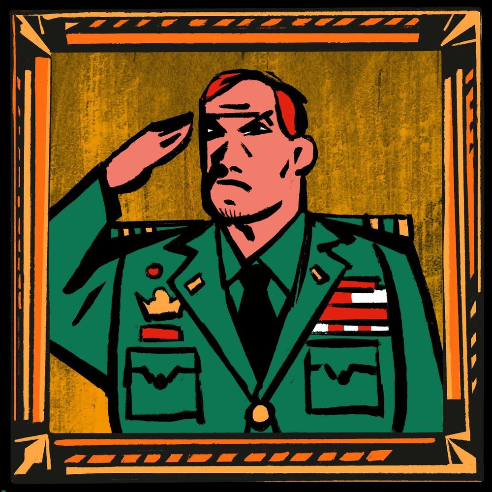 Ein salutierender General in Inform mit Abzeichen in einem goldenen Rahmen