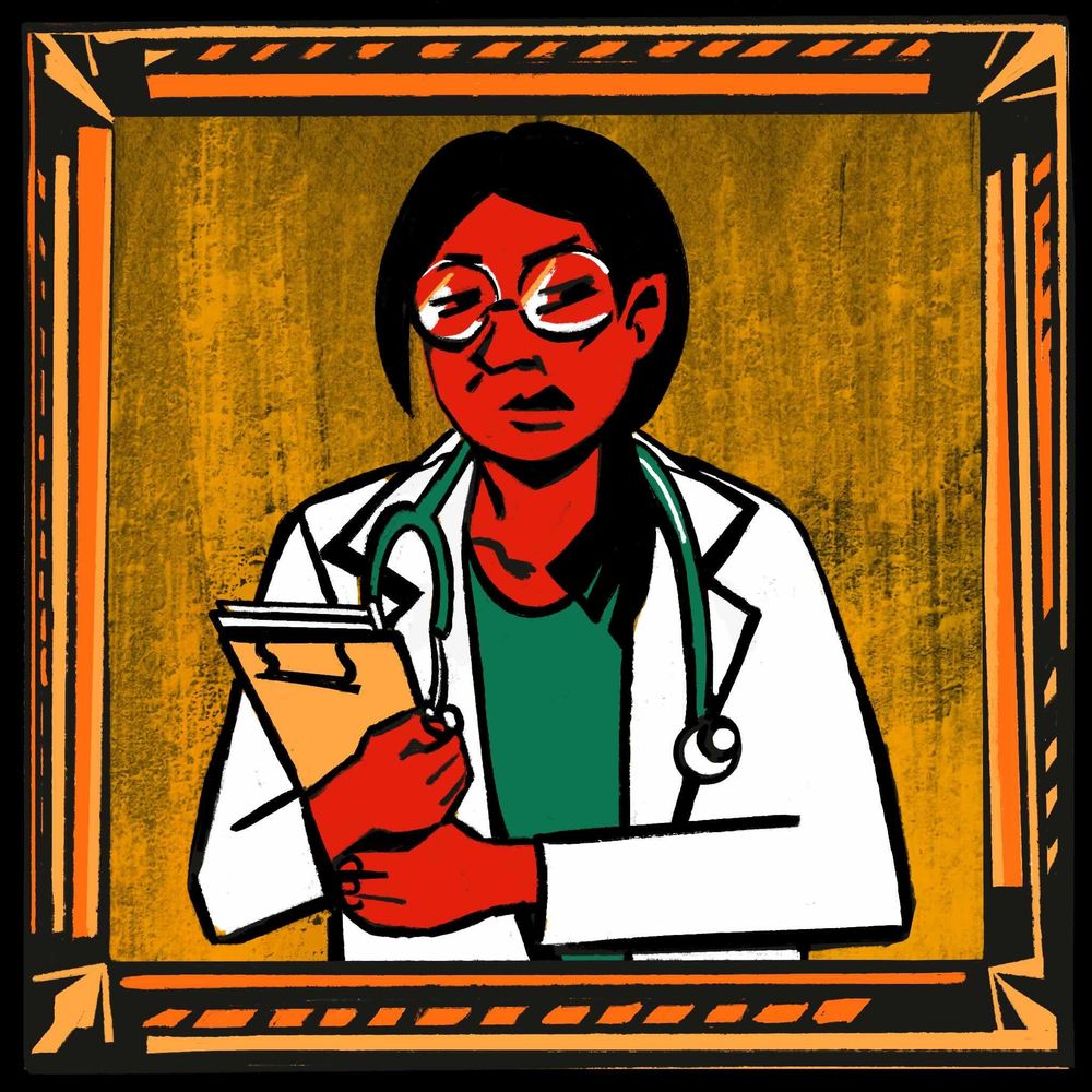 Eine Ärztin mit Brille und Stetoskop in einem goldenen Bilderrahmen