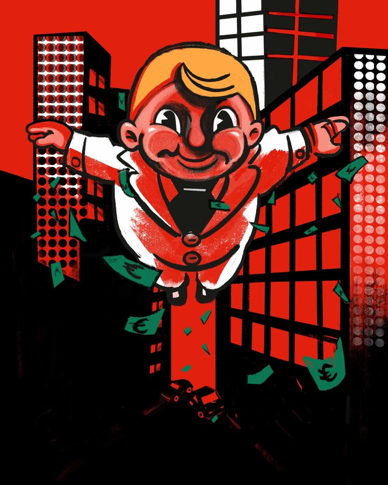 Ein Businessmann fliegt als Ballon durch eine Großstadt und um ihn herum fliegen Geldscheine