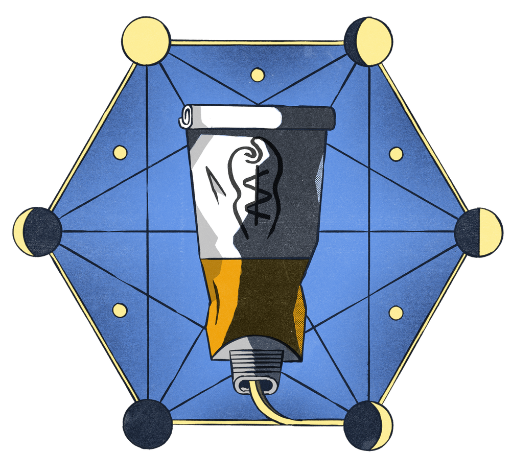 Eine Cremetube schwebt geöffnet in einem Hexagon mit dunkelblauem Nachthimmel im Hintergrund.Der Inhalt der Tube zeichnet den Rand des Hexagon. An jedem Eckpunkt liegt der Mond in jeweils einer der Mondphasen.