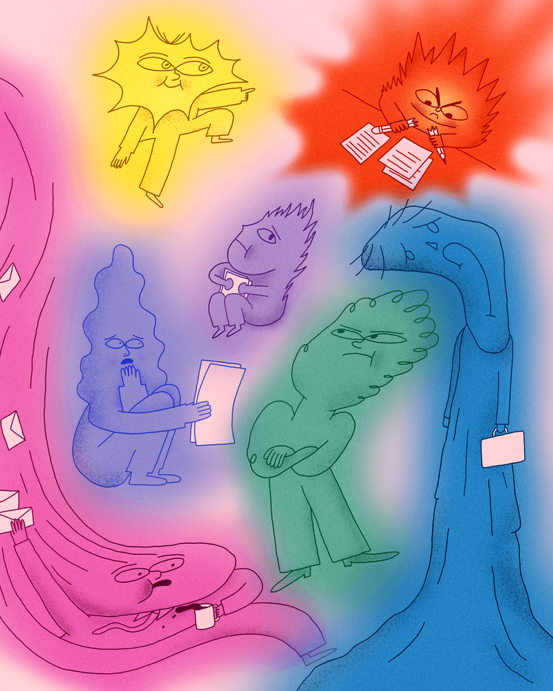 Viele Gefühle sind farblich illustriert und schweben im Raum herum.