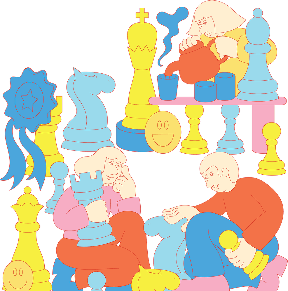 Illustration dreier cartoonartig gezeichneter Personen, die zwischen übergroßen bunten Schachfiguren sitzen. Die Figuren sind in Gelb, Blau und Rosa gehalten. Eine Person gießt Tee ein, die andere betrachtet nachdenklich einen Turm.