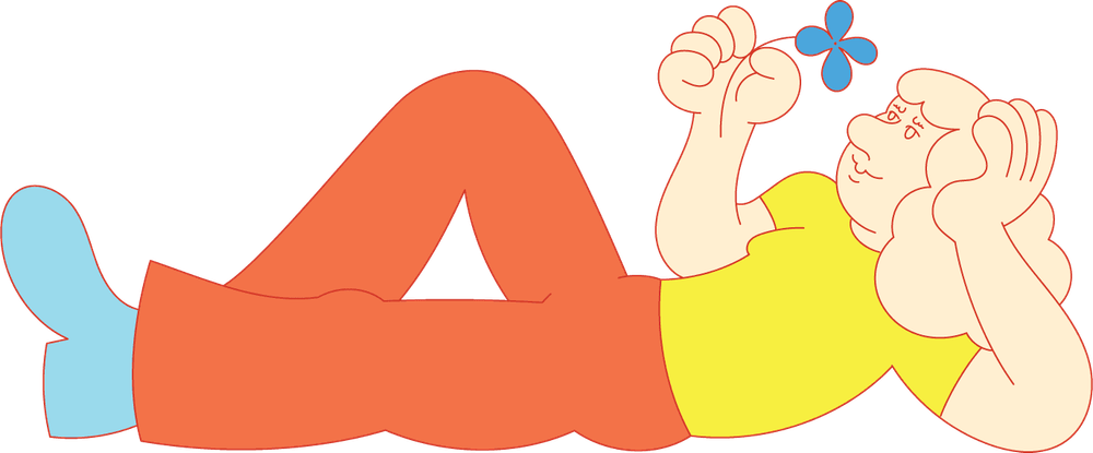 Eine bunt illustrierte Figur im Comic-Stil liegt auf dem Rücken und stützt sich ihren Kopf auf. In der rechten Hand hält die Figur eine blaue Blume.
