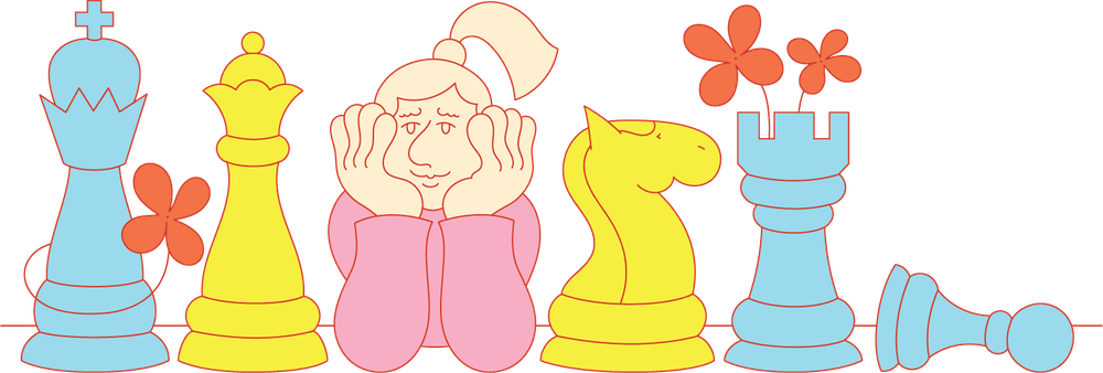 Eine Reihe von bunt illustrierten Schachfiguren. In der Mitte sitzt eine pastellfarbige Figur, die ihr Gesicht auf die Hände gestützt hat.