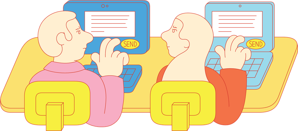 Zwei illustrierte Personen im Comic-Stil sitzen gemeinsam an einem Schreibtisch und schauen sich an.