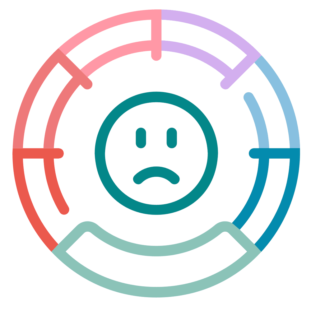 Icon eines traurigen Smileys in Dunkelgrün, umgeben von einem segmentierten Kreisdiagramm in verschiedenen Farben (Rot, Pink, Lila, Blau, Türkis).