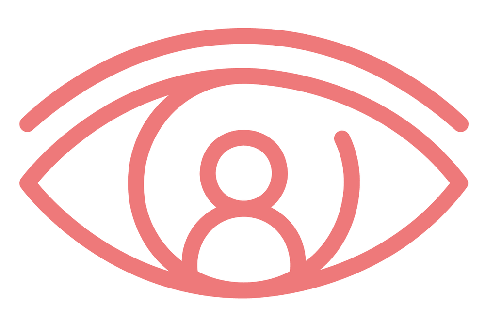 Icon eines Auges in Lachsrot, in dessen Mitte eine stilisierte Person zu sehen ist.