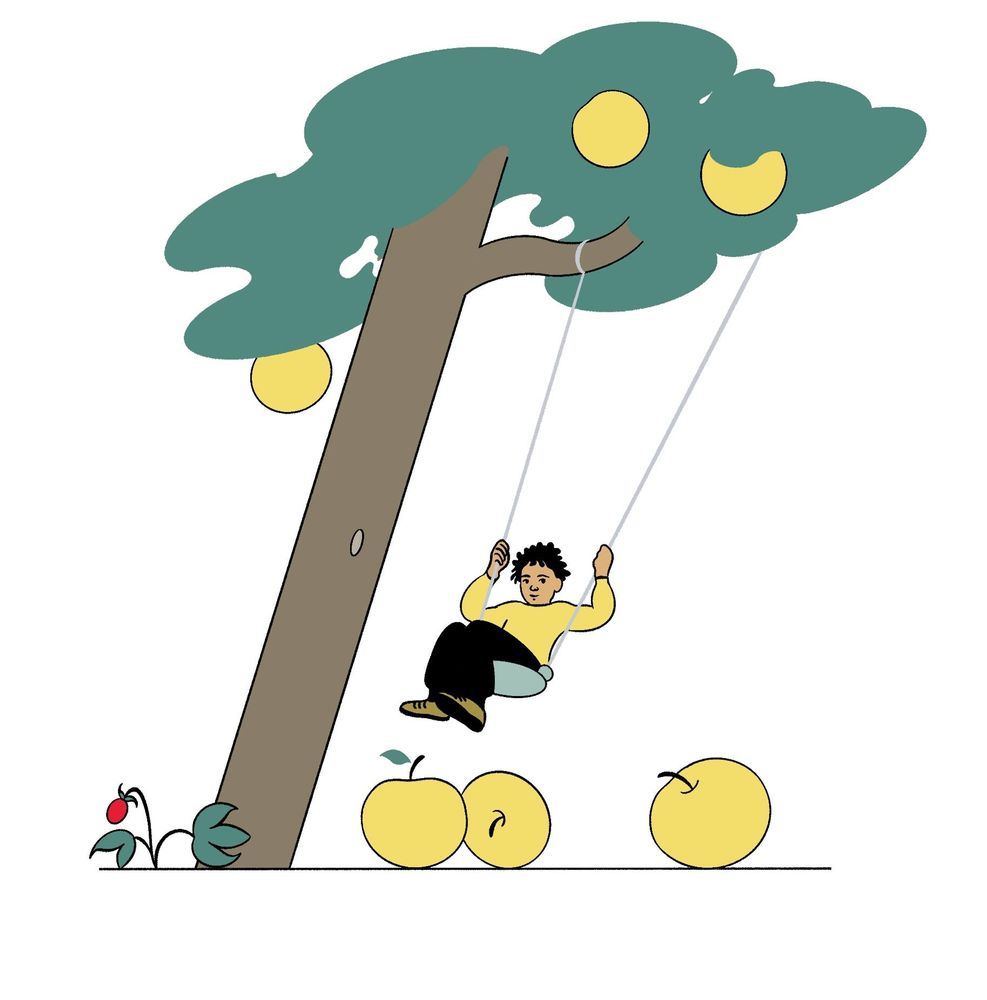 Illustration eines Kindes, das fröhlich auf einer Baumschaukel schwingt – befestigt an einem großen Baum mit gelben Früchten.