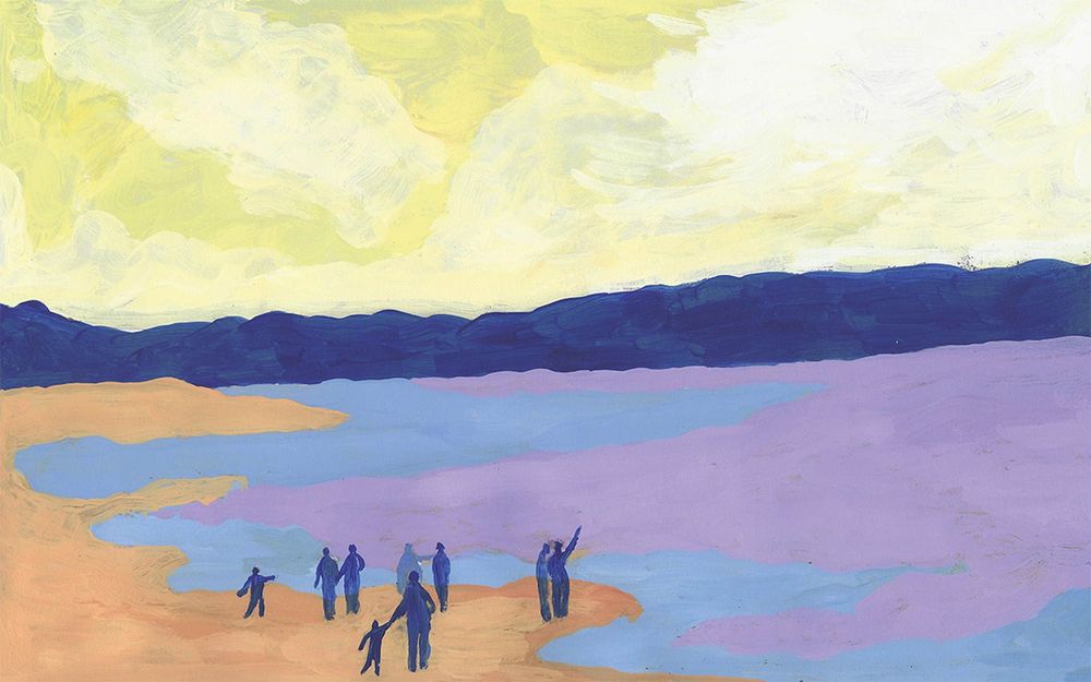 Neun Figuren stehen in einer abstrakten Strandlandschaft.