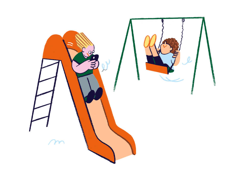 Zwei Figuren sind auf einem Spielplatz, eine Person rutscht und die andere Figur schaukelt.