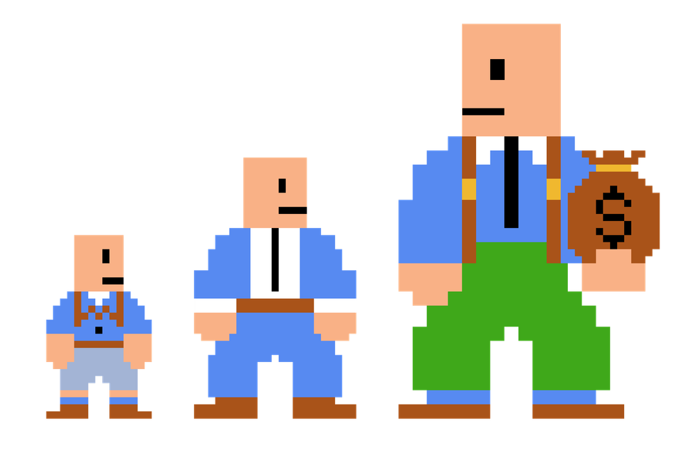 Drei Pixelfiguren stehen nebeneinander. Die Figur links ist am kleinsten, die Figur rechts am größten und hält einen großen Geldsack in der Hand.