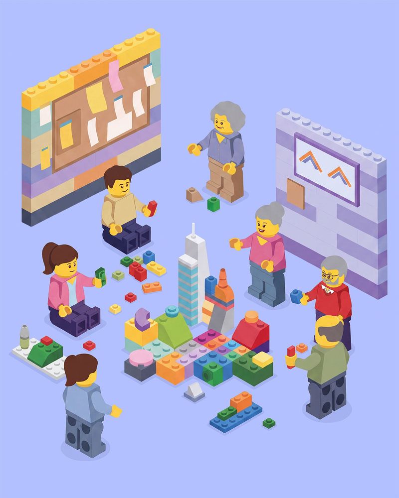 Mehrere illustrierte Lego-Figuren stehen in einem Raum um ein Modell, das ebenfalls aus Lego-Steinen gebaut wurde.