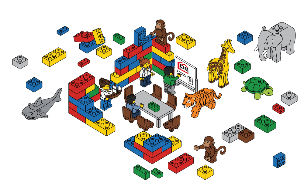 Ein Zusammenspiel aus verschiedenen Lego-Steinen und Lego-Strukturen sowie Lego-Figuren mit einem Hai, Elefanten, Giraffe oder Tiger.