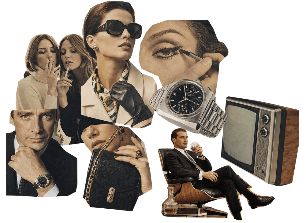 Eine Collage aus verschiedenen Bildern aus der Werbung und von verschiedenen Statussymbolen wie einer Uhr.