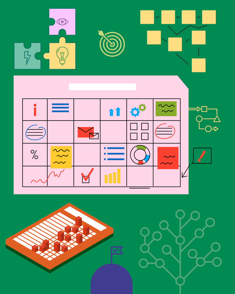 Illustration auf grünem Hintergrund zu den Themen Gamification und Datenanalyse: Puzzleteile mit Auge-, Blitz- und Glühbirnen-Symbolen, eine Zielscheibe mit Pfeil sowie Knoten- und Flussdiagramme stehen für Ideen, Ziele und Prozesse.