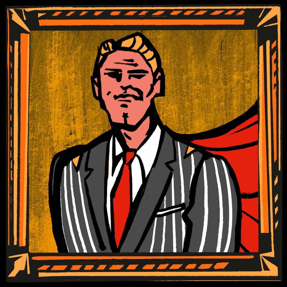 Ein Manager in Anzug und einem roten Superheldenumhang in einem goldenen Bilderrahmen