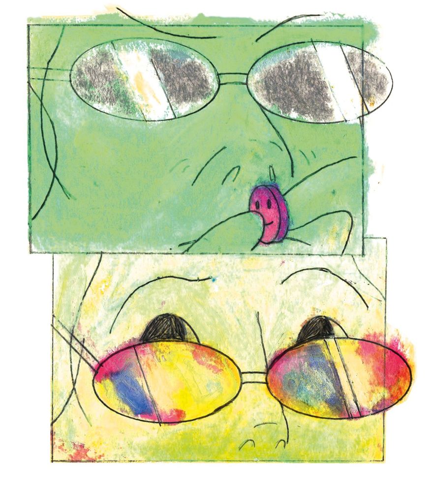 Eine Person mit einer Sonnenbrille wirft eine bunte Pille ein, daraufhin wird die Brille der Person auch bunt.