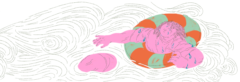 Eine rosa illustrierte Figur befindet sich in einem Rettungsring.