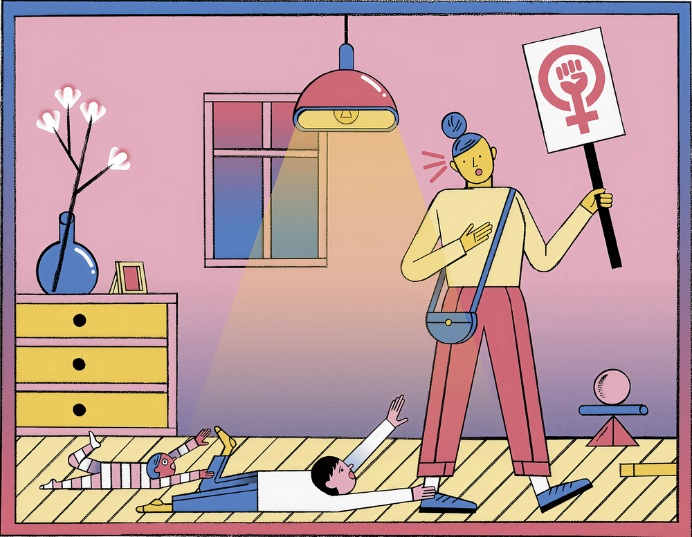 Mutter, die mit einem Demoschild zu einer Demo aufbrechen möchte, wird von ihren Kindern weinend und schreiend aufgehalten.