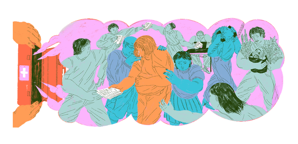 Ein illustrierter Notfallkasten wird geöffnet. Daraus erstreckt sich eine rosa Wolke, in der zu sehen ist, wie sich verschiedene Menschen umarmen und trösten.