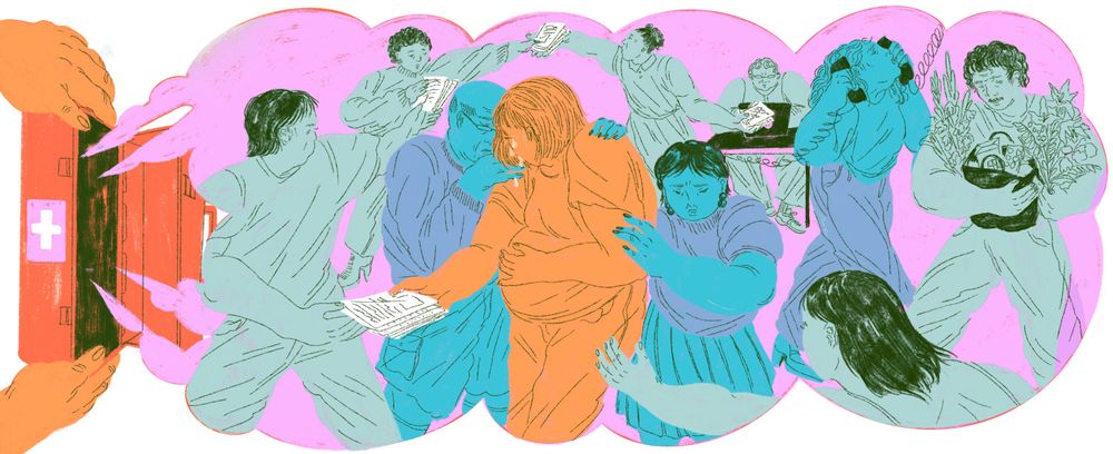 Eine Illustration mit verschiedenen illustrierten Figuren, die sich im Arm halten und Trauern.