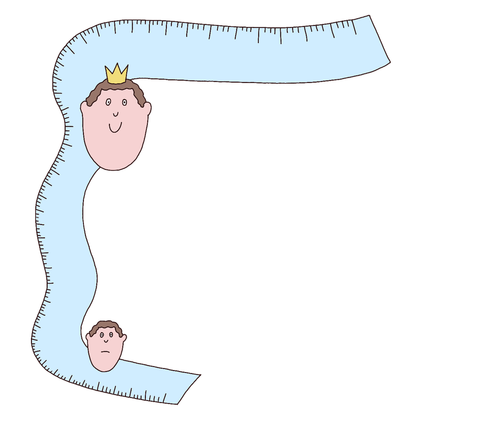 Ein gezeichnetes Maßband: am unteren Ende befindet sich ein unglücklich aussehender Mensch, am oberen Ende ein narzisstischer Mensch, der eine Krone trägt.